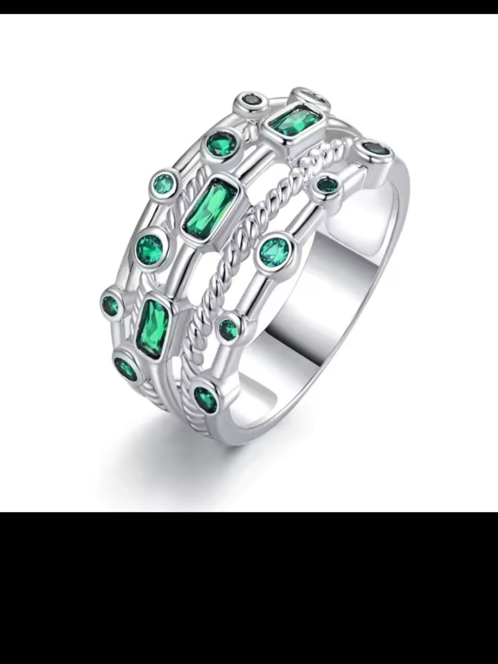 Emerald Green Multi-Row Silver Tone Ring - Women Jewelry Size 8